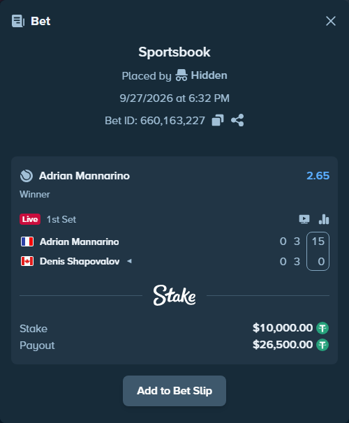Bet slip: Adrian Mannarino - Denis Shapovalov, $10,000.00 stake at 2.65 odds, placed by Hidden