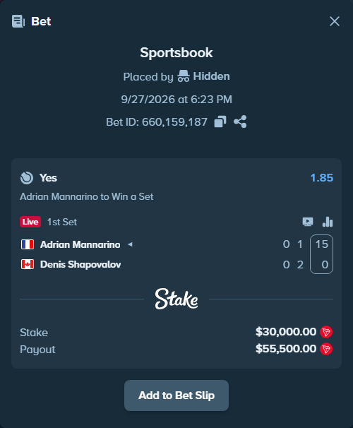 Bet slip: Adrian Mannarino - Denis Shapovalov, $29,919.12 stake at 1.85 odds, placed by Hidden