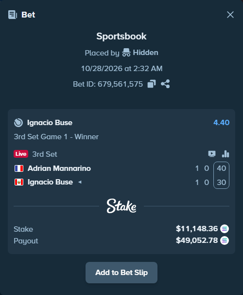 Bet slip: Adrian Mannarino - Ignacio Buse, $11,145.19 stake at 4.40 odds, placed by Prettylfacko98