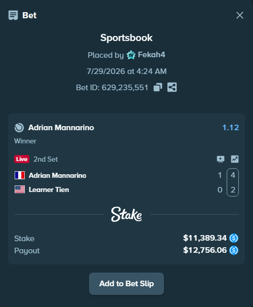 Bet slip: Adrian Mannarino - Learner Tien, $11,389.34 stake at 1.12 odds, placed by Fekah4