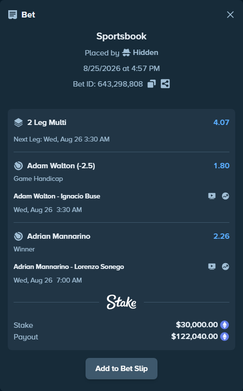 Bet slip: Adrian Mannarino - Lorenzo Sonego, $29,250.61 stake at 2.26 odds, placed by Hidden