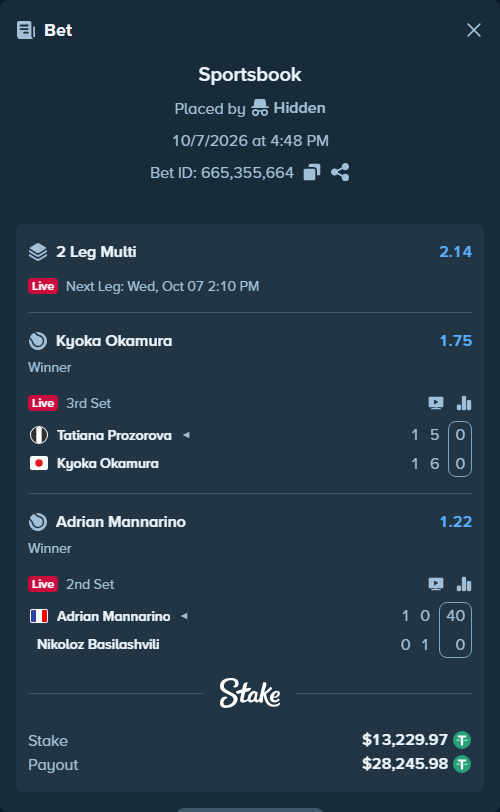 Bet slip: Adrian Mannarino - Nikoloz Basilashvili, $13,226.00 stake at 1.22 odds, placed by Hidden