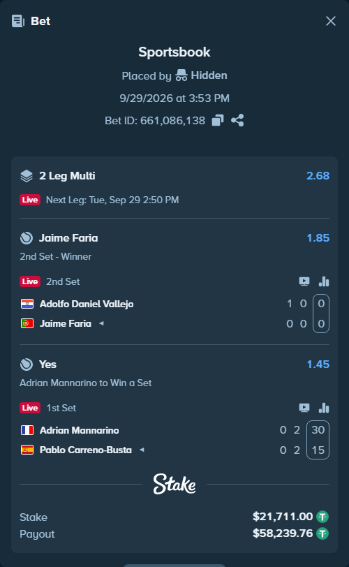 Bet slip: Adrian Mannarino - Pablo Carreno-Busta, $21,711.00 stake at 1.45 odds, placed by Hidden