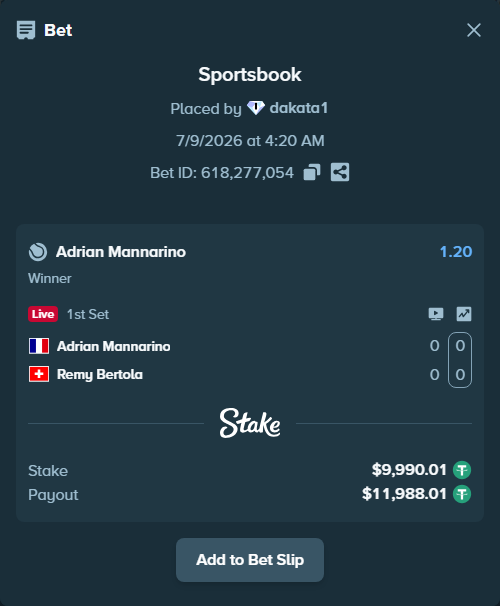 Bet slip: Adrian Mannarino - Remy Bertola, $10,000.00 stake at 1.20 odds, placed by dakata1