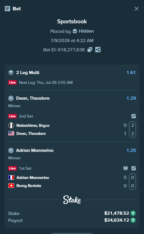 Bet slip: Adrian Mannarino - Remy Bertola, $21,500.00 stake at 1.25 odds, placed by Hidden