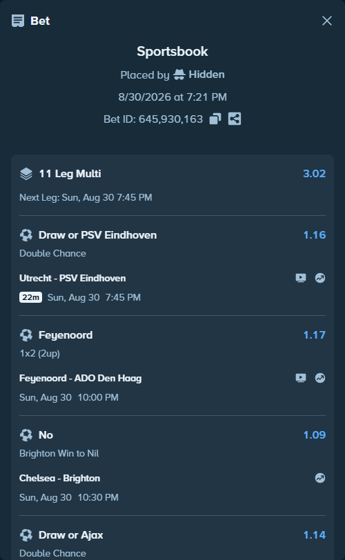 Bet slip: AE Kifisia FC - AEK Athens, $10,000.24 stake at 1.07 odds, placed by Hidden