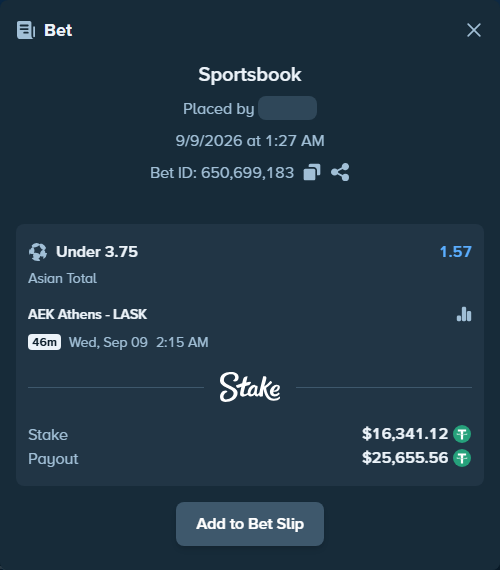 Bet slip: AEK Athens - LASK Linz, $16,341.12 stake at 1.57 odds, placed by guoziqi9