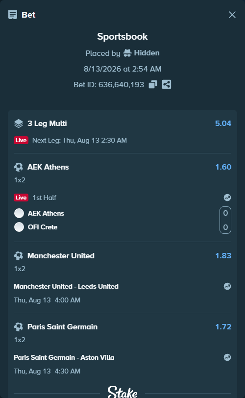 Bet slip: AEK Athens - OFI Crete, $20,922.48 stake at 1.60 odds, placed by Hidden