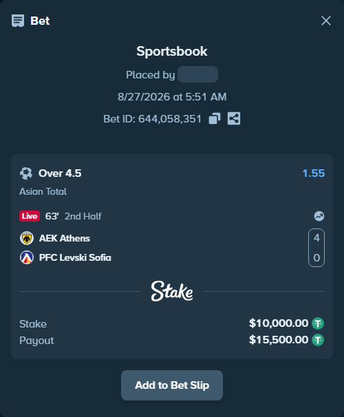 Bet slip: AEK Athens - PFC Levski Sofia, $10,000.00 stake at 1.55 odds, placed by Jackpoor