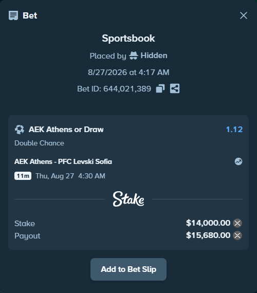 Bet slip: AEK Athens - PFC Levski Sofia, $14,266.10 stake at 1.12 odds, placed by Hidden