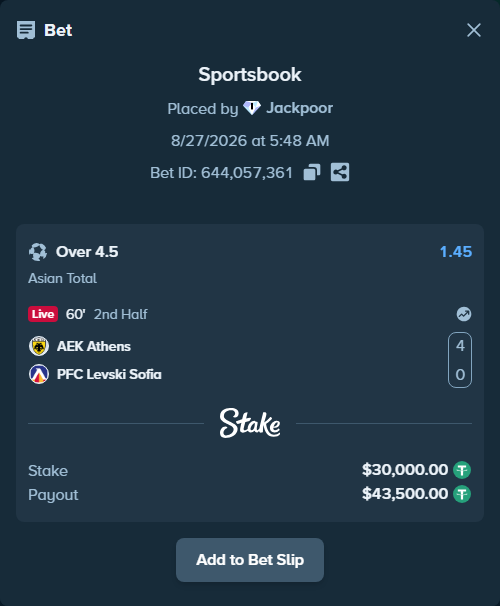 Bet slip: AEK Athens - PFC Levski Sofia, $30,000.00 stake at 1.45 odds, placed by Jackpoor