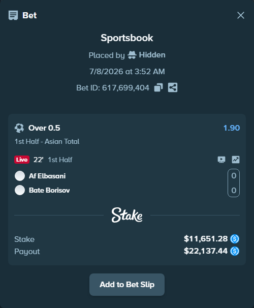 Bet slip: Af Elbasani - Bate Borisov, $11,651.28 stake at 1.90 odds, placed by Hidden