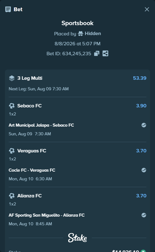 Bet slip: AF Sporting San Miguelito - Alianza FC Panama, $14,040.13 stake at 3.70 odds, placed by Hidden