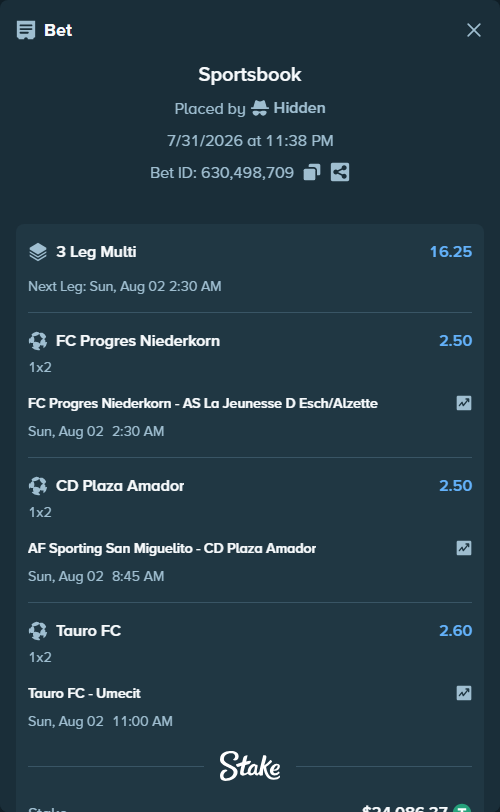 Bet slip: AF Sporting San Miguelito - CD Plaza Amador Panama City, $24,110.45 stake at 2.50 odds, placed by Hidden