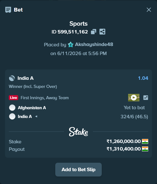 Bet slip: Afghanistan A - India A, $15,120.00 stake at 1.04 odds, placed by Akshayshinde48