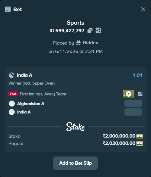 Bet slip: Afghanistan A - India A, $24,000.00 stake at 1.01 odds, placed by Hidden