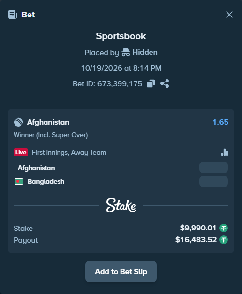 Bet slip: Afghanistan - Bangladesh, $10,000.00 stake at 1.65 odds, placed by Hidden