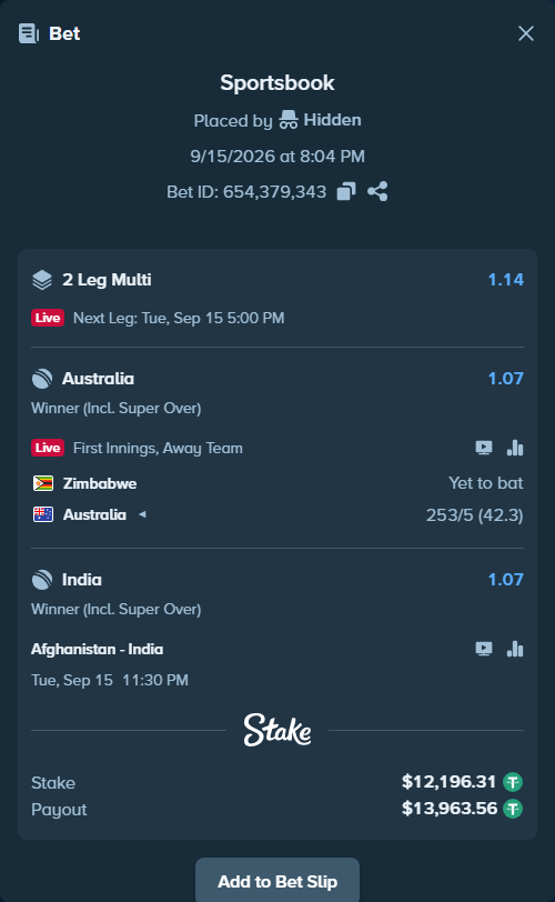 Bet slip: Afghanistan - India, $12,196.31 stake at 1.07 odds, placed by Hidden