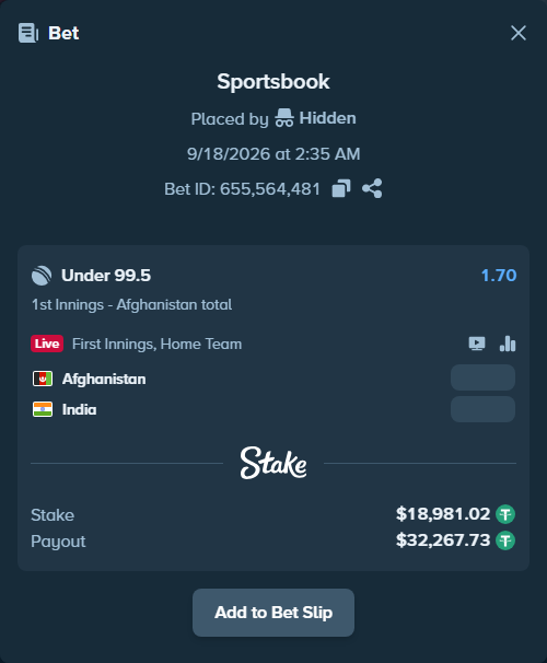 Bet slip: Afghanistan - India, $19,000.00 stake at 1.70 odds, placed by Hidden