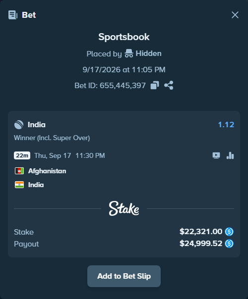 Bet slip: Afghanistan - India, $22,321.00 stake at 1.12 odds, placed by Hidden