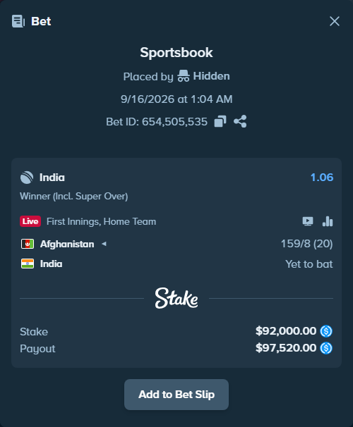 Bet slip: Afghanistan - India, $92,000.00 stake at 1.06 odds, placed by Hidden