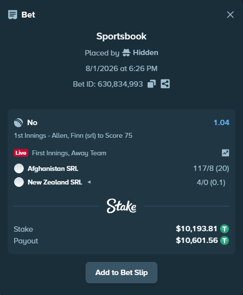 Bet slip: Afghanistan SRL - New Zealand SRL, $10,204.00 stake at 1.04 odds, placed by Hidden