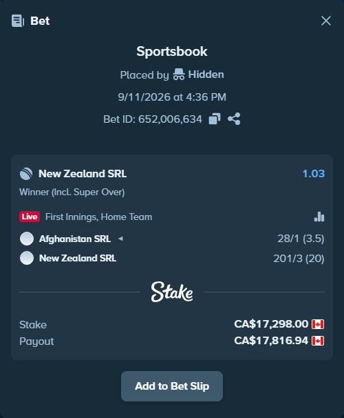 Bet slip: Afghanistan SRL - New Zealand SRL, $12,800.52 stake at 1.03 odds, placed by Hidden