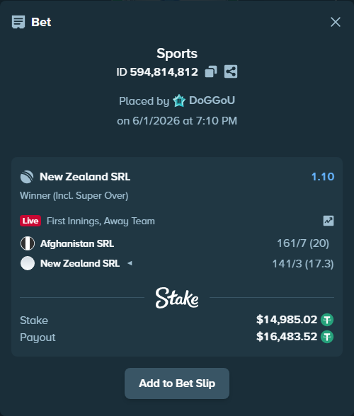 Bet slip: Afghanistan SRL - New Zealand SRL, $15,000.00 stake at 1.10 odds, placed by DoGGoU