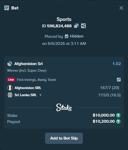 Bet slip: Afghanistan SRL - Sri Lanka SRL, $10,000.00 stake at 1.02 odds, placed by Hidden