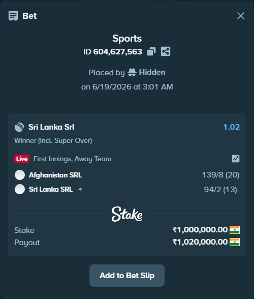 Bet slip: Afghanistan SRL - Sri Lanka SRL, $12,000.00 stake at 1.02 odds, placed by Hidden