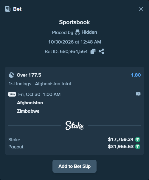 Bet slip: Afghanistan - Zimbabwe, $17,777.00 stake at 1.80 odds, placed by Robel345345