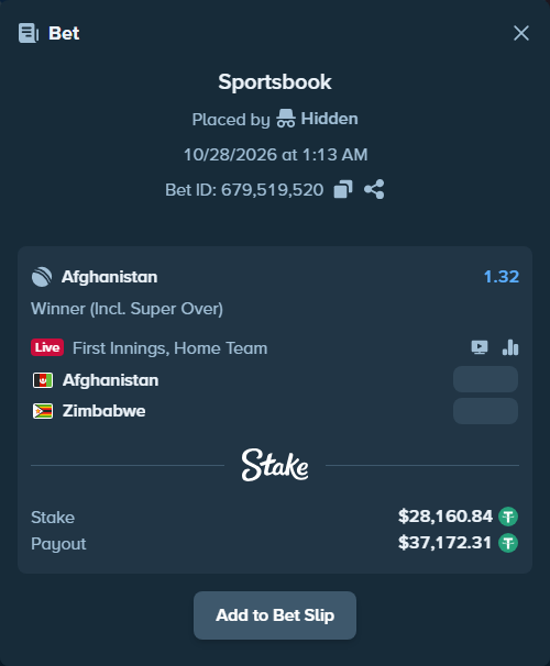 Bet slip: Afghanistan - Zimbabwe, $28,189.00 stake at 1.32 odds, placed by Robel345345