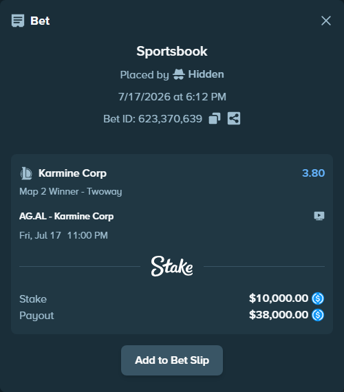 Bet slip: AG.AL - Karmine Corp, $10,000.00 stake at 3.80 odds, placed by Hidden