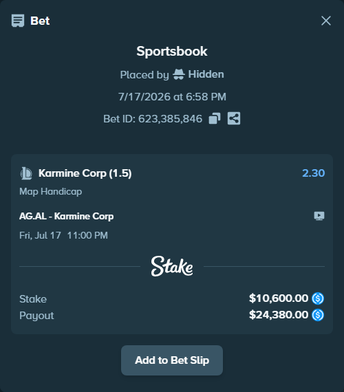 Bet slip: AG.AL - Karmine Corp, $10,600.00 stake at 2.30 odds, placed by Hidden