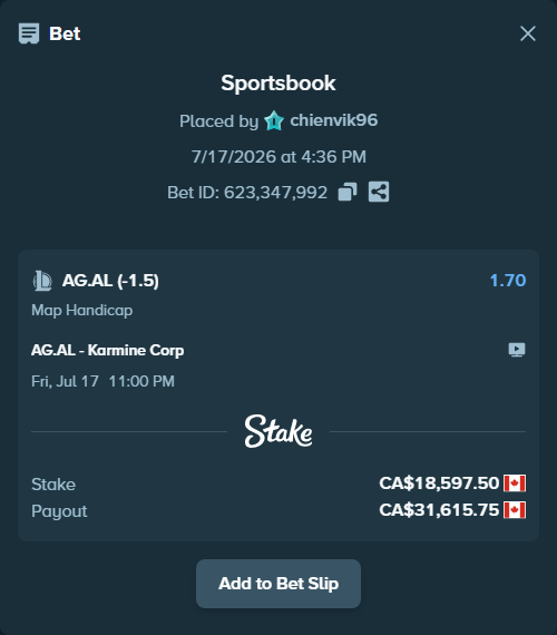 Bet slip: AG.AL - Karmine Corp, $13,762.15 stake at 1.70 odds, placed by chienvik96