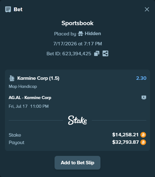 Bet slip: AG.AL - Karmine Corp, $14,582.60 stake at 2.30 odds, placed by Hidden