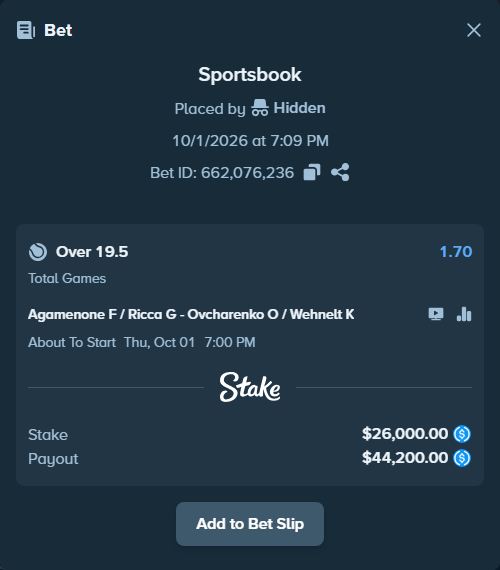 Bet slip: Agamenone F / Ricca G - Ovcharenko O / Wehnelt K, $26,000.00 stake at 1.70 odds, placed by Hidden