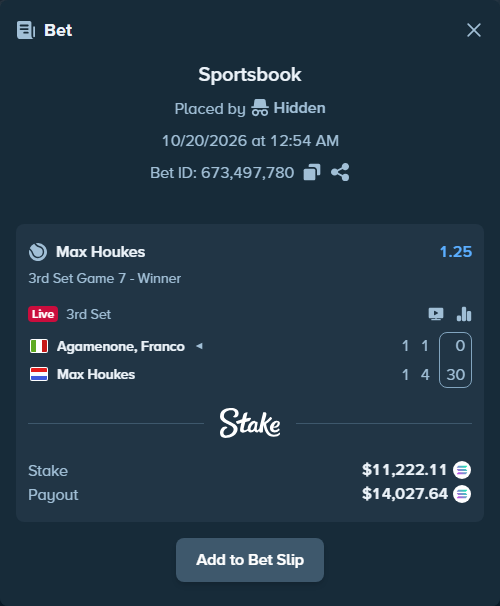 Bet slip: Agamenone, Franco - Max Houkes, $11,240.81 stake at 1.25 odds, placed by Hidden