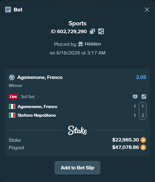 Bet slip: Agamenone, Franco - Stefano Napolitano, $22,130.82 stake at 2.05 odds, placed by Hidden
