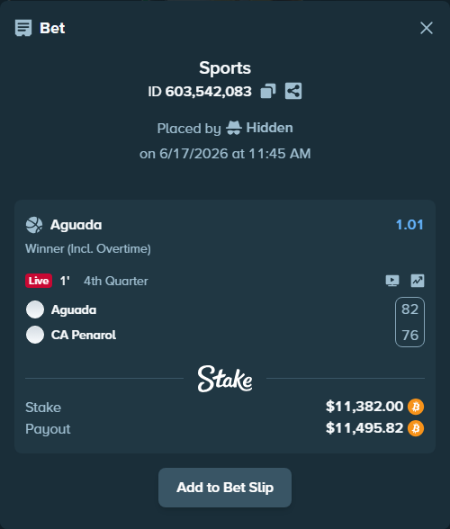 Bet slip: Aguada - CA Penarol, $10,654.85 stake at 1.01 odds, placed by Hidden