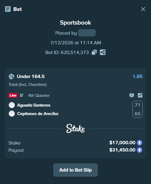 Bet slip: Aguada Santeros - Capitanes de Arecibo, $17,975.87 stake at 1.85 odds, placed by Kriski99