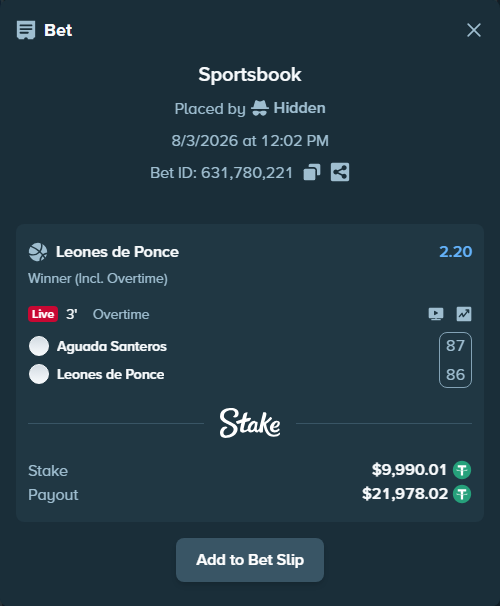 Bet slip: Aguada Santeros - Leones de Ponce, $10,000.00 stake at 2.20 odds, placed by Hidden