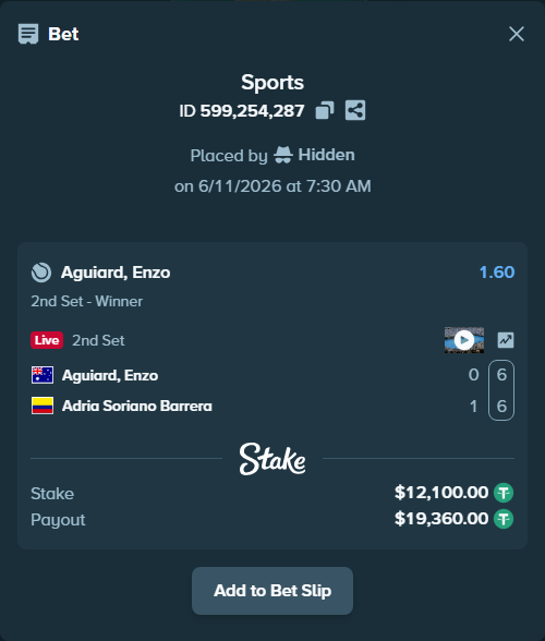 Bet slip: Aguiard, Enzo - Adria Soriano Barrera, $12,112.10 stake at 1.60 odds, placed by Hidden
