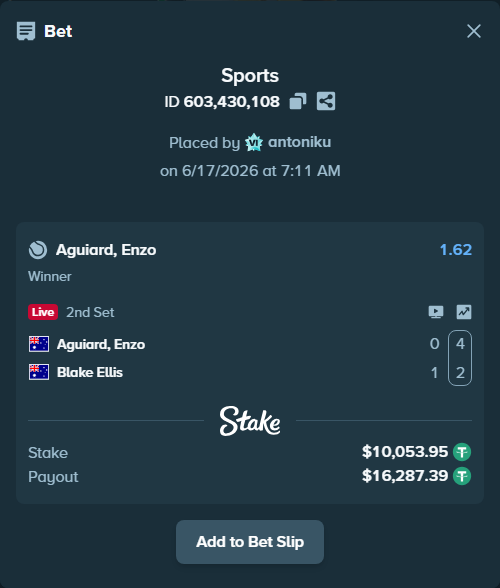 Bet slip: Aguiard, Enzo - Blake Ellis, $10,064.00 stake at 1.62 odds, placed by antoniku