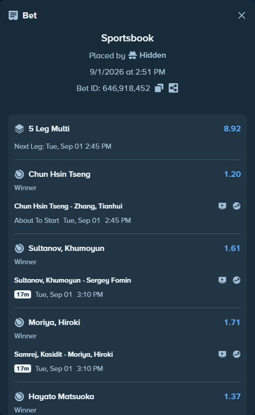 Bet slip: Aguiard, Enzo - Hayato Matsuoka, $12,100.00 stake at 1.37 odds, placed by Hidden