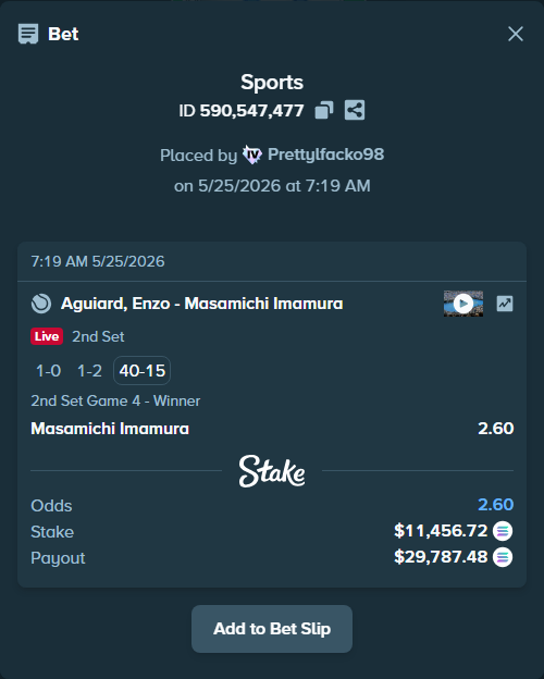 Bet slip: Aguiard, Enzo - Masamichi Imamura, $10,025.17 stake at 2.60 odds, placed by Prettylfacko98