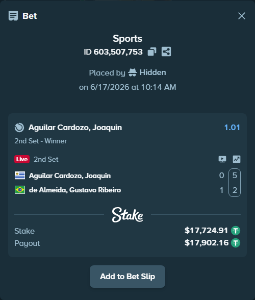 Bet slip: Aguilar Cardozo, Joaquin - de Almeida, Gustavo Ribeiro, $17,742.63 stake at 1.01 odds, placed by Hidden