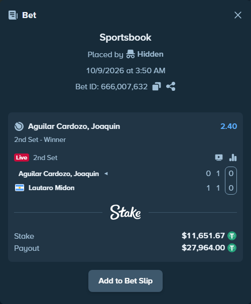 Bet slip: Aguilar Cardozo, Joaquin - Lautaro Midon, $11,663.32 stake at 2.40 odds, placed by itsreezyy