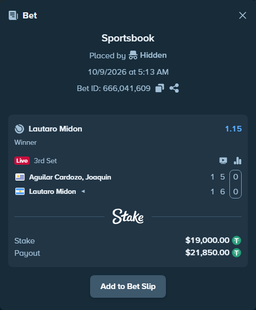 Bet slip: Aguilar Cardozo, Joaquin - Lautaro Midon, $19,019.00 stake at 1.15 odds, placed by Hidden