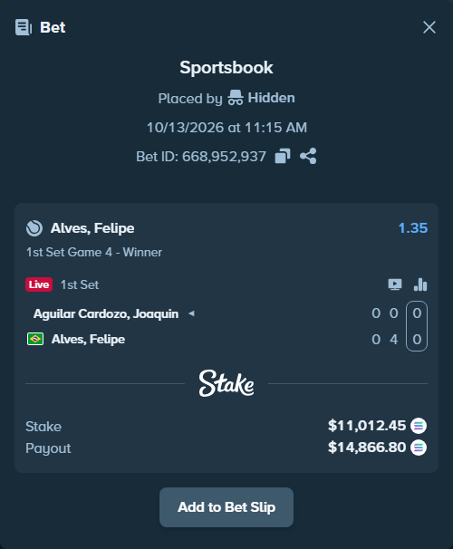 Bet slip: Aguilar Cardozo, Joaquin - Meligeni Alves, Felipe, $11,205.87 stake at 1.35 odds, placed by Prettylfacko98